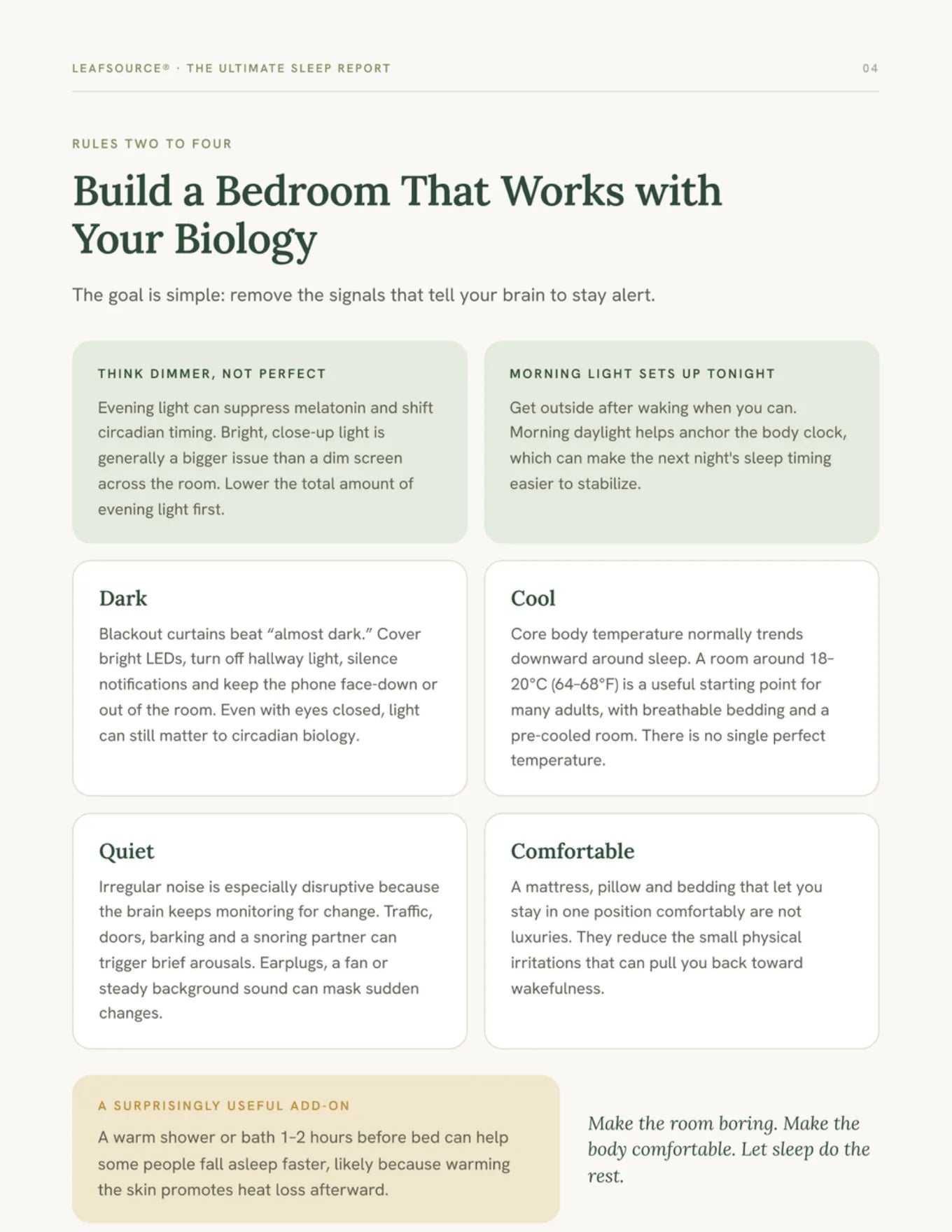 Page 4: Rules two to four, build a bedroom that works with your biology