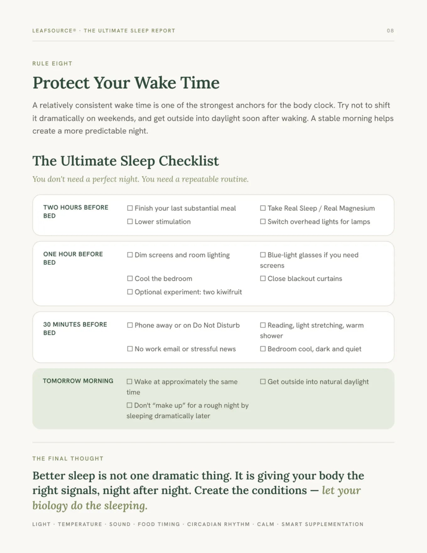 Page 8: Rule eight, protect your wake time, and the checklist